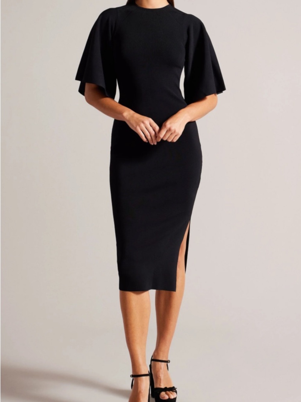 Ted Baker Black Midi Dress with Flutter Sleeves and Side Slit, Lounia